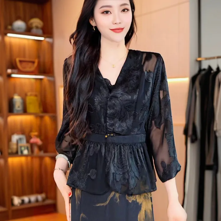 高级感烧花舒适西装外套2025夏新款国风重工提花防晒衬衫女上衣