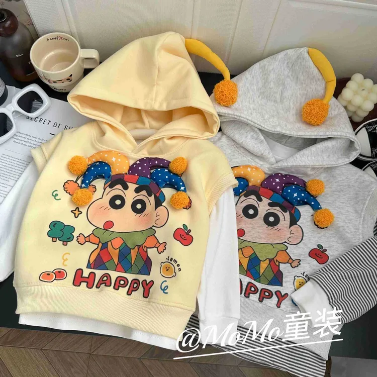 YeeHoO英氏真两件玩偶连帽卫衣2025男女童卡通韩立体小新T恤
