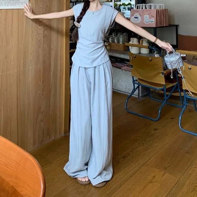 时尚休闲套装显瘦洋气减龄小个子网红小众复古夏季短袖阔腿裤长裤