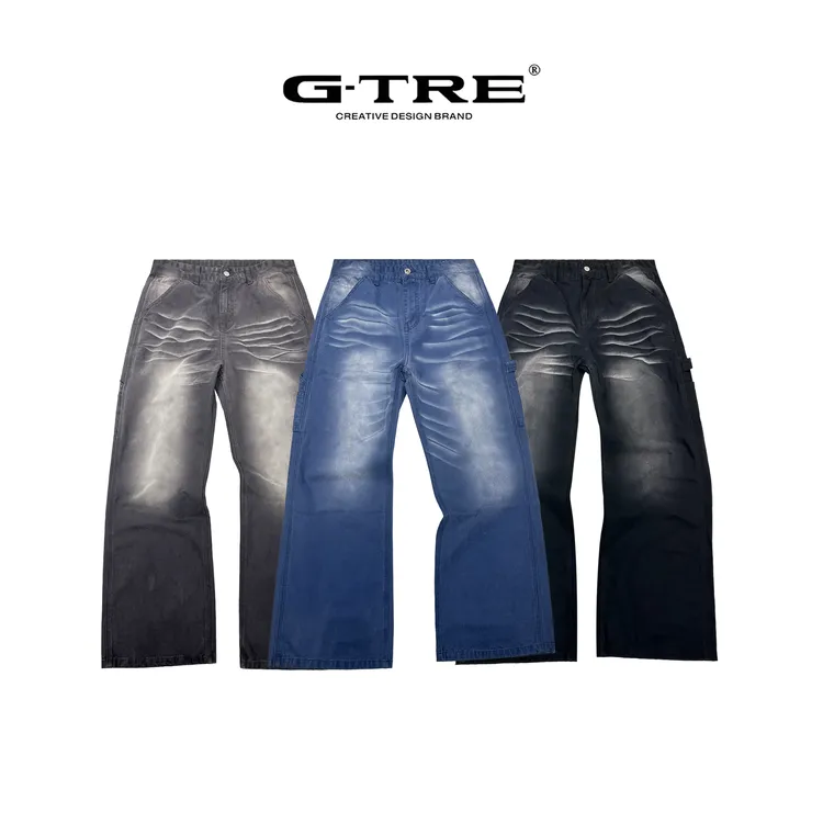 G-TRE 法工蓝水洗伐木裤b01版型宽松直筒工装裤
