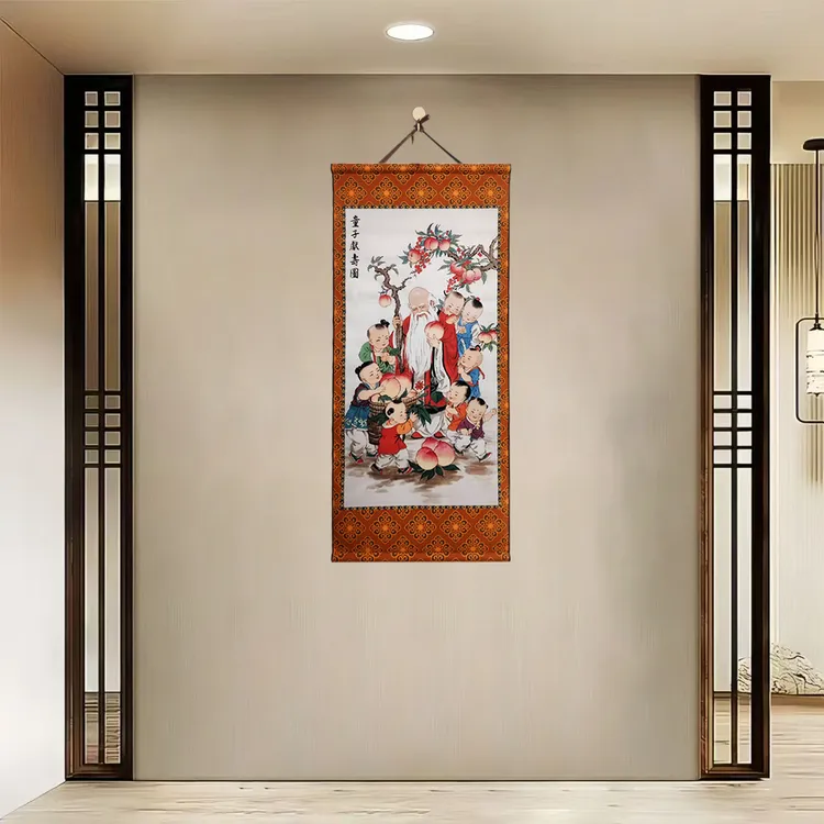 {40-818童子献寿}40x85cm现代简约挂轴装饰画办公室家居装