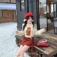 雪绒小熊 织物猪原创 甜欲风奶fufu一字肩杏色毛衣女秋冬毛织上衣
