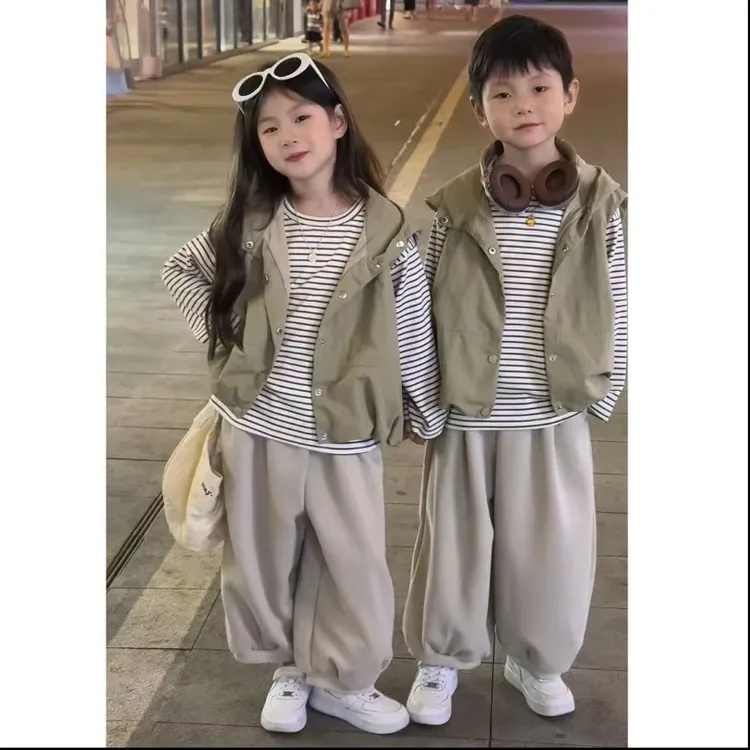 儿童韩系套装2025春秋新款男女宝洋气兄妹马甲条纹T恤灯笼裤潮
