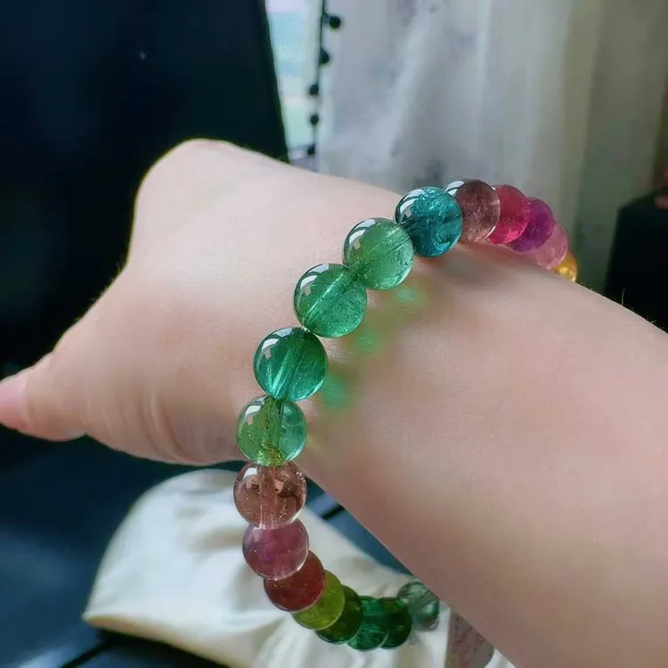 天然真品彩虹碧玺手串单圈7.1mm15.32g正品荧光碧玺手链女旺夫石