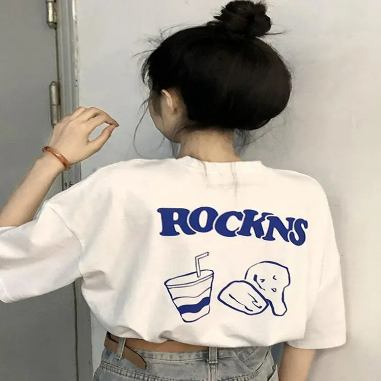 圆领纯棉短款美式复古港味短袖t恤女宽松韩系慵懒半袖体恤衫夏季