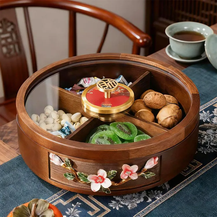 中式实木干果盒家用轻奢珐琅花千里江山水果盘干果收纳盒2026新款