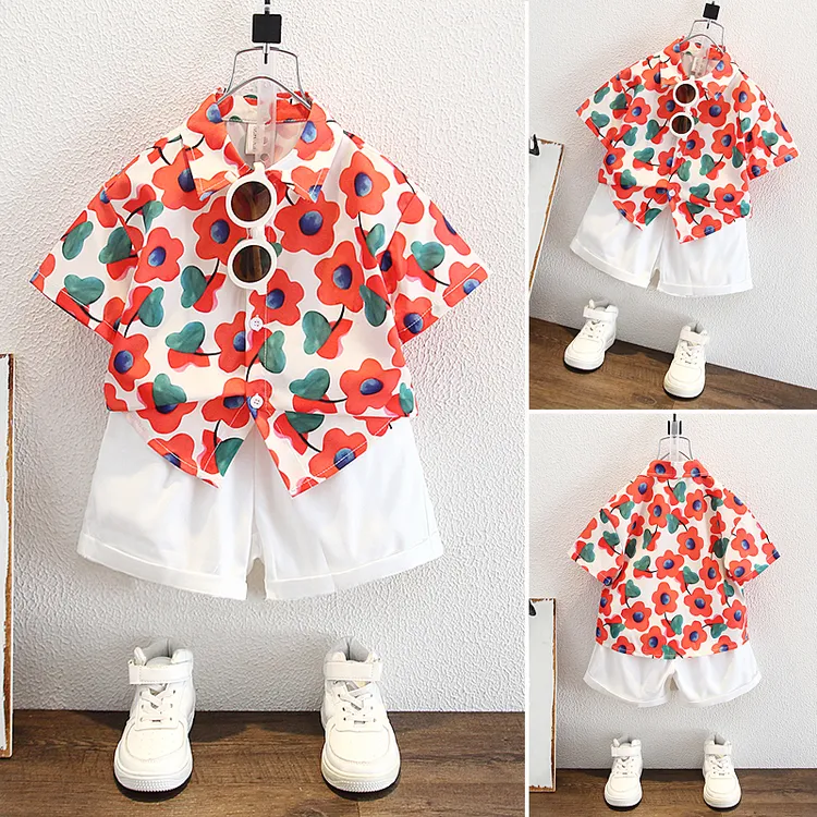 儿童港风花衬衫男童套装沙滩2025新款夏季短袖宝宝夏装洋气潮童装