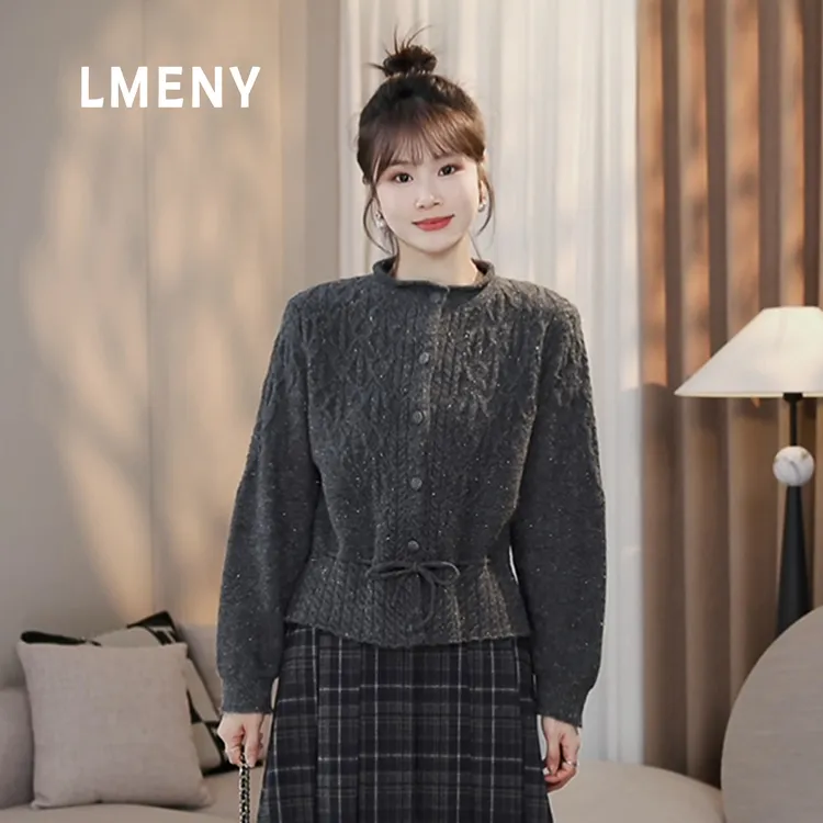 LMENY“小温柔”浪漫邂逅~加厚系带收腰亮丝绞花毛衣开衫25DM050