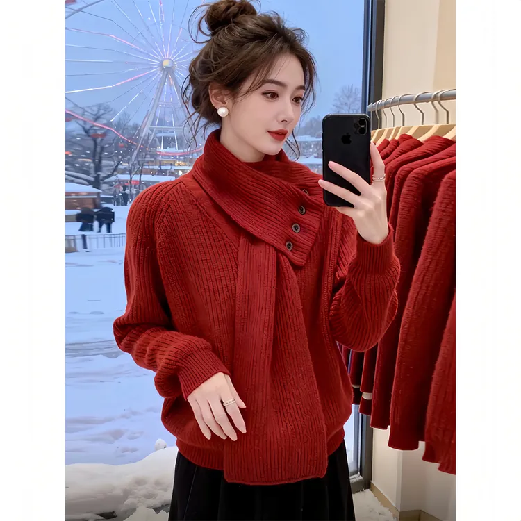 红色V领慵懒针织衫女秋冬款宽松氛围感可拆卸围巾上衣