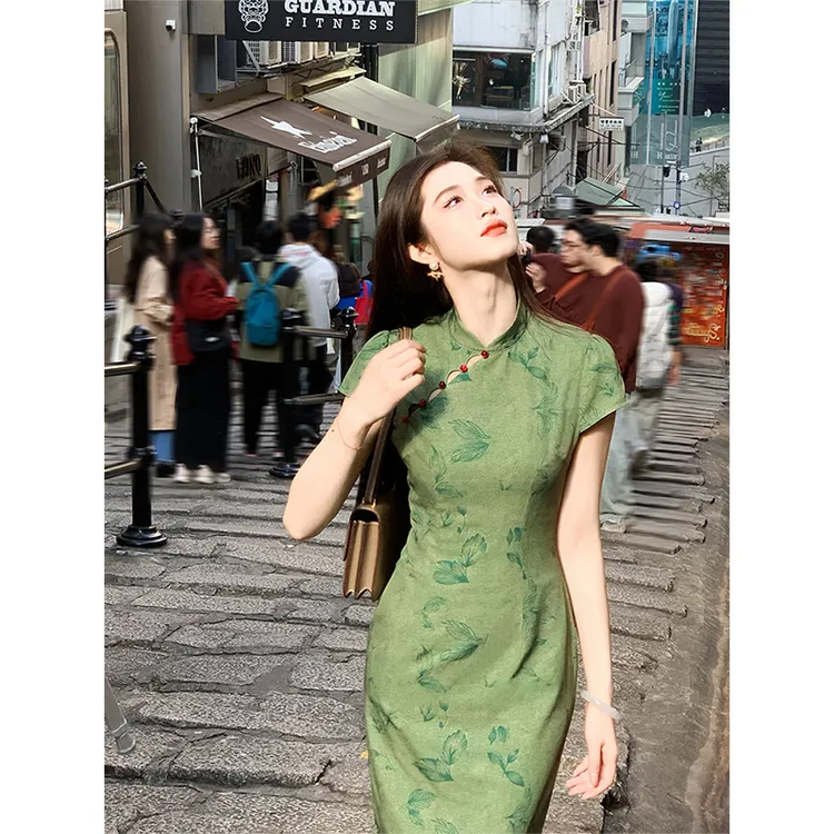 凌茜【丹青】新中式氛围感印花镂空收腰立领月亮袖长款旗袍连衣裙