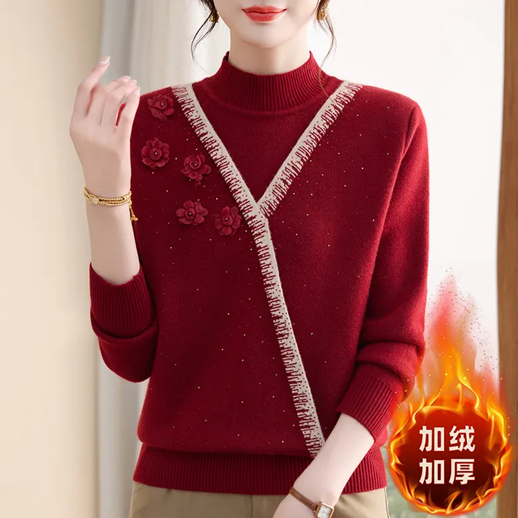 中老年女装一体绒加绒打底针织衫半高领保暖秋冬款时尚显瘦妈妈衫