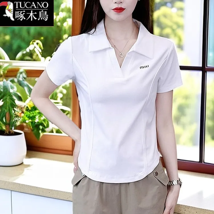 啄木鸟正品POLO领短袖T恤女时尚减龄2025年夏季新款修身显瘦上衣