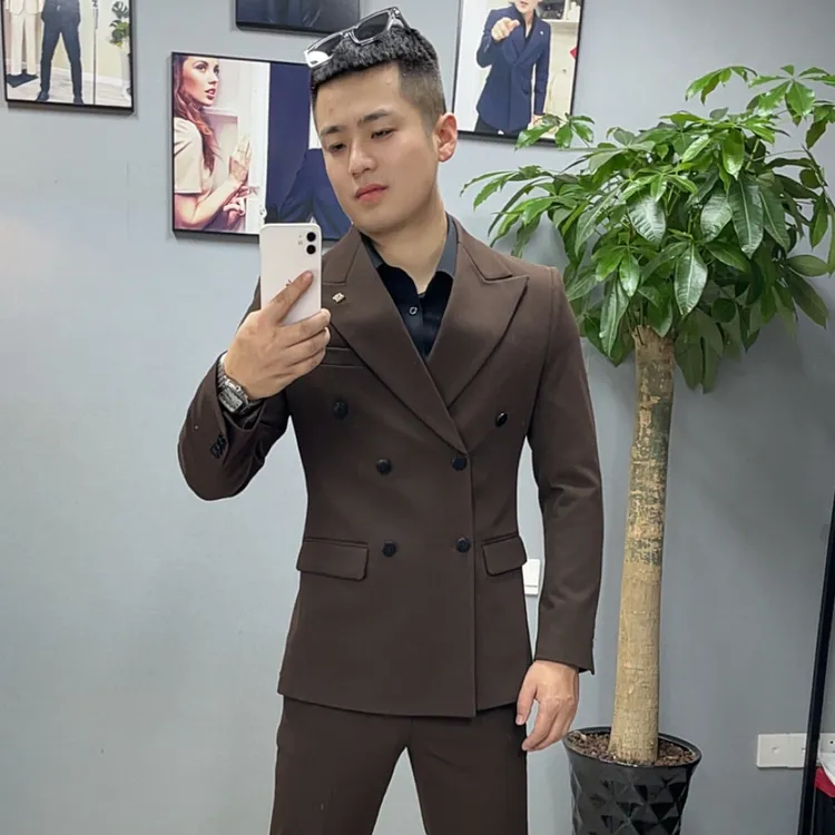 XZ6603男士双排扣双开叉修身痞帅纯色牙签条针织纹理修身弹力西服