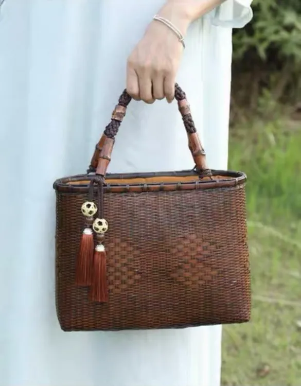 复古中式竹编包茶道茶具收纳包文艺风手提包日式手工编织包竹篮包