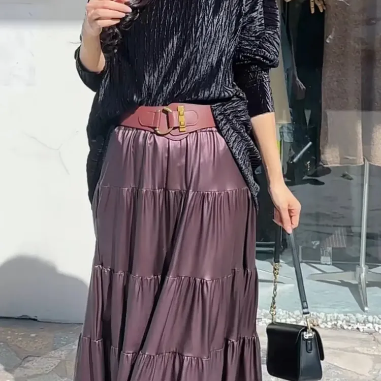 秋冬季高级感皮裙半身裙女高腰伞裙时尚洋气百褶长裙显瘦百搭