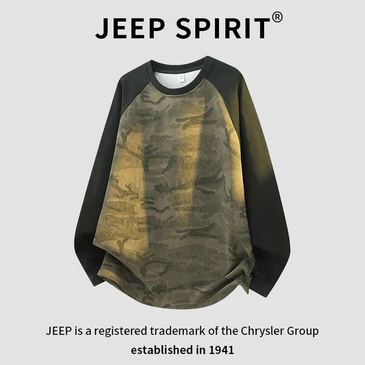 JEEPSPIRIT吉普迷彩拼色宽松长袖T恤男美式休闲百搭复古打底衫潮