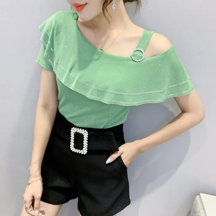 宽松型性感露肩T恤夏季女短袖2025夏装新款爆款百搭上衣洋气网纱