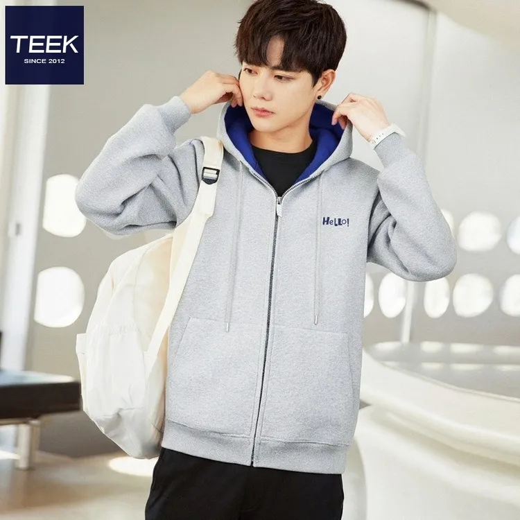 潮牌空气层保暖男士开衫外套2025冬季新款青少年连帽撞色宽松卫衣