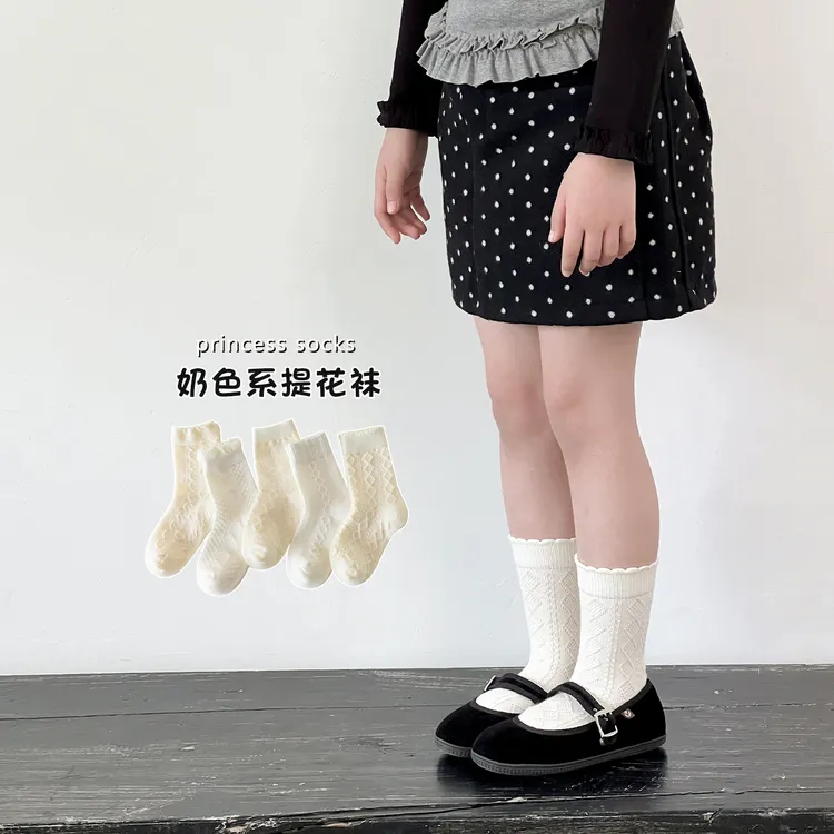 女童袜子春秋精梳棉女孩宝宝花边公主袜韩版提花奶白色儿童中筒袜
