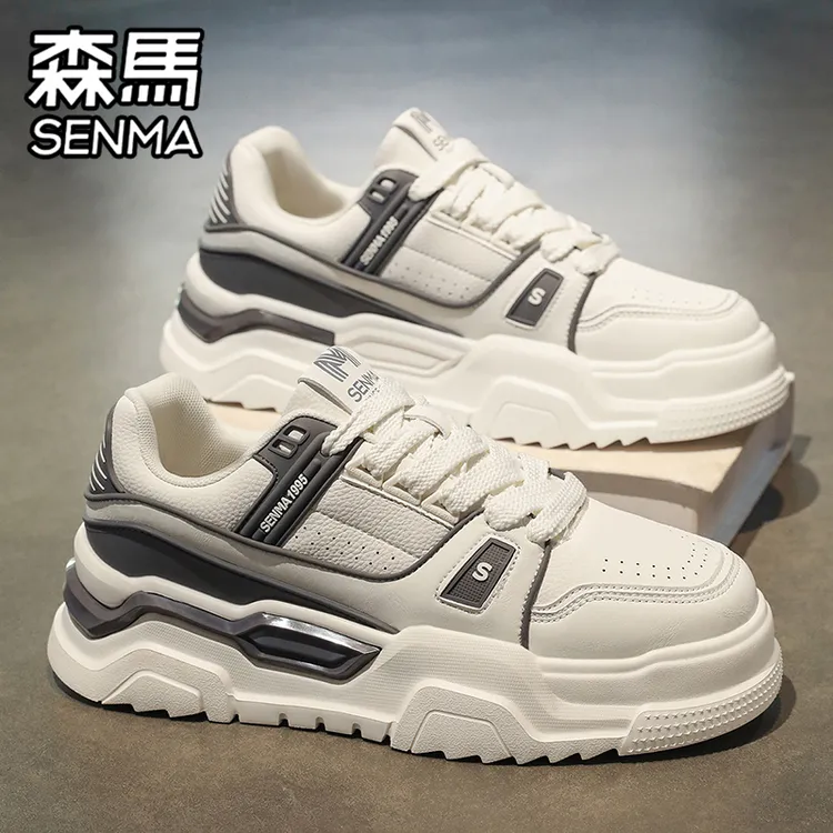森马男鞋2025秋季新款厚底时尚休闲鞋防水皮面板鞋运动增高小白鞋