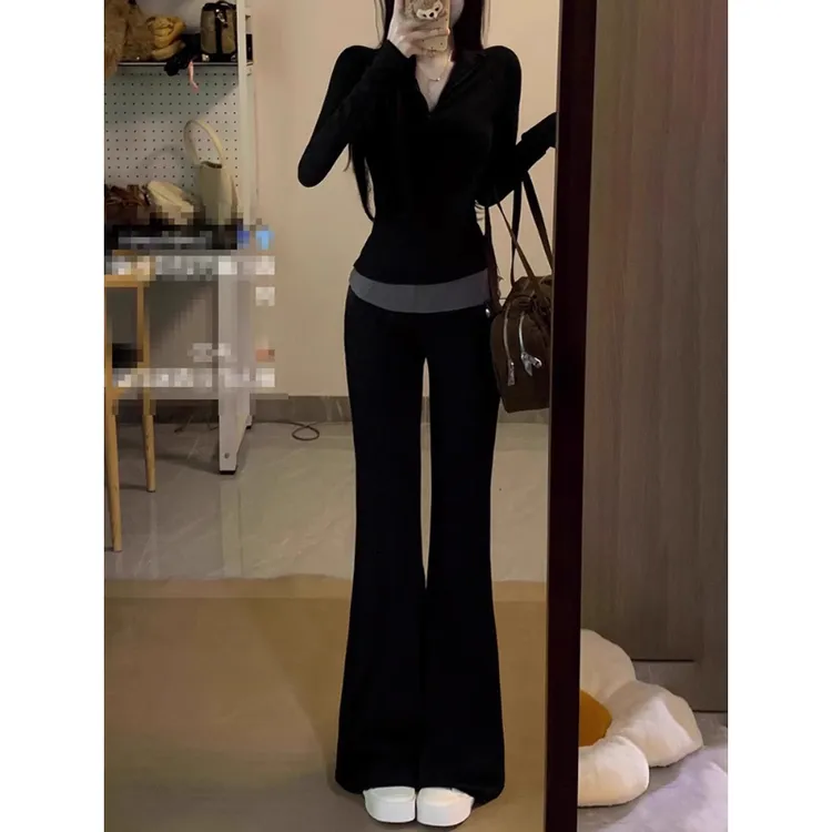 2025超火运动套装女春秋新款时尚减龄修身显瘦休闲微喇叭裤两件套