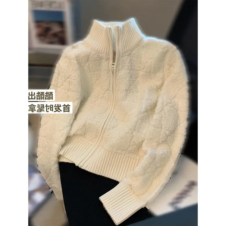 外贸漏剪裁标签小香款白色高领软糯毛衣夹克女式秋风针织开衫秋冬