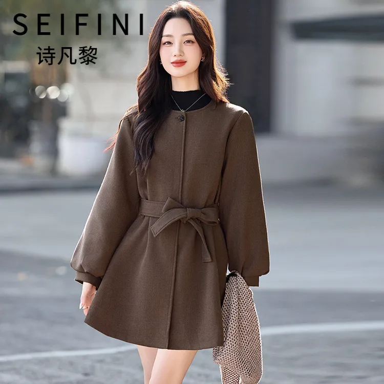 SEIFINI/诗凡黎折扣女装气质夹棉毛呢外套显瘦收腰中长款圆领上衣