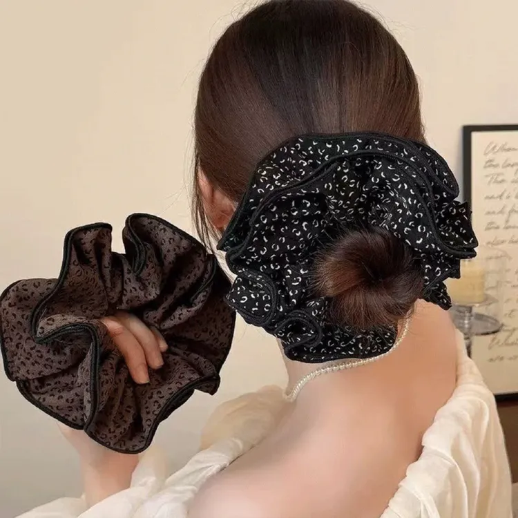 四层锁边豹纹大肠发圈高级感丸子头头花气质发绳百搭