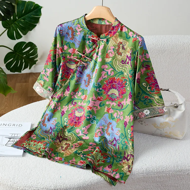 妈妈夏装短袖新中式洋气旗袍小衫贵夫人国风恤中老年提花上衣女