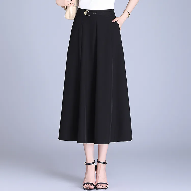 黑色冰凉丝半身裙女2025春夏季高腰显瘦中长款中年妈妈宽松a字裙