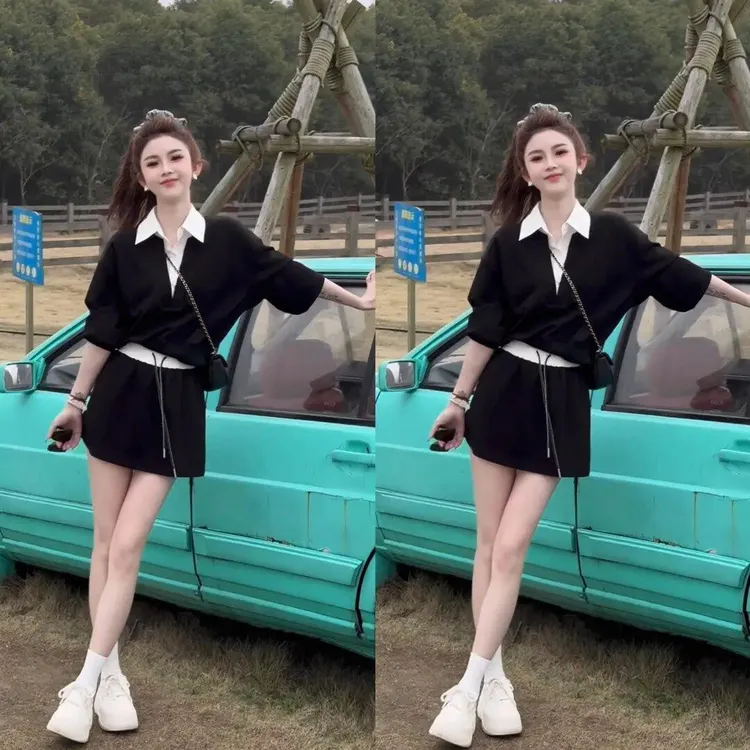 休闲连衣裙套装女2025春季新款洋气拼色卫衣学院风减龄两件套裙子