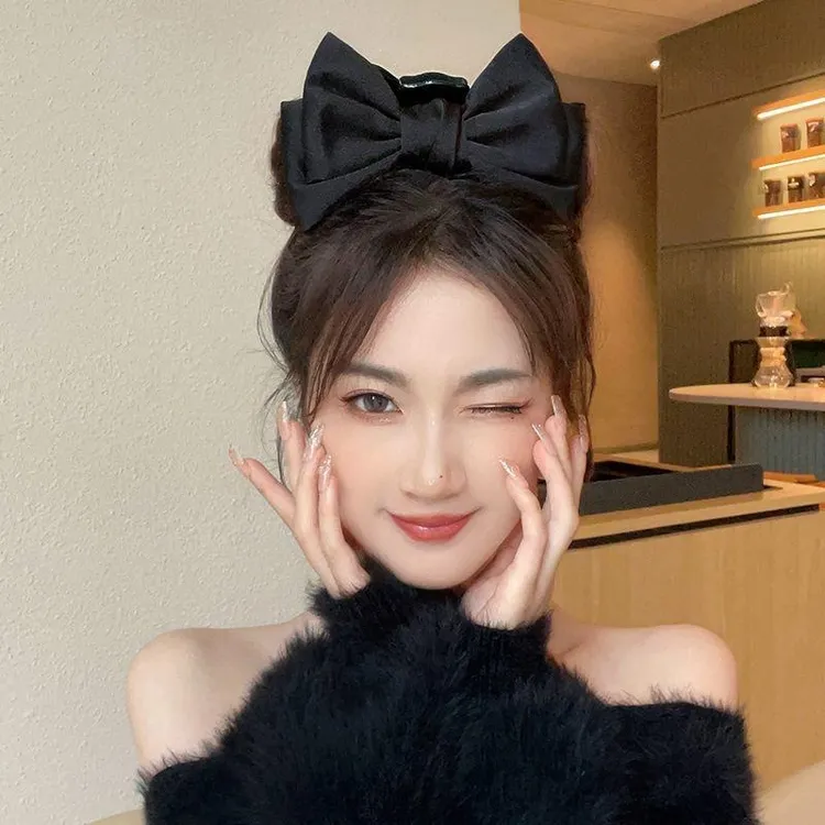 千金发夹在逃公主饰黑色双面大蝴蝶结抓夹发饰气质鲨鱼夹子发夹女