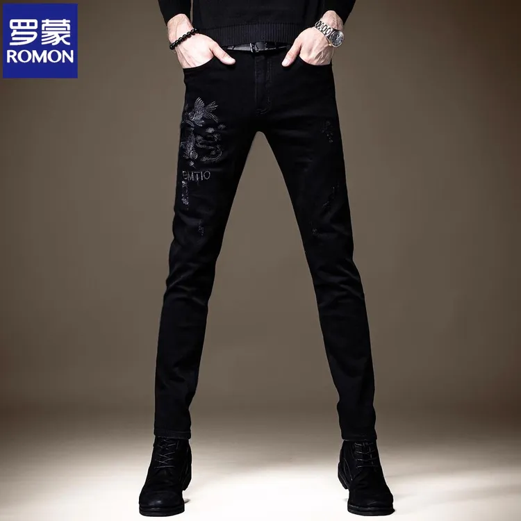罗蒙纯黑色刺绣牛仔裤男高端春秋小脚潮牌修身休闲痞帅弹力裤子男