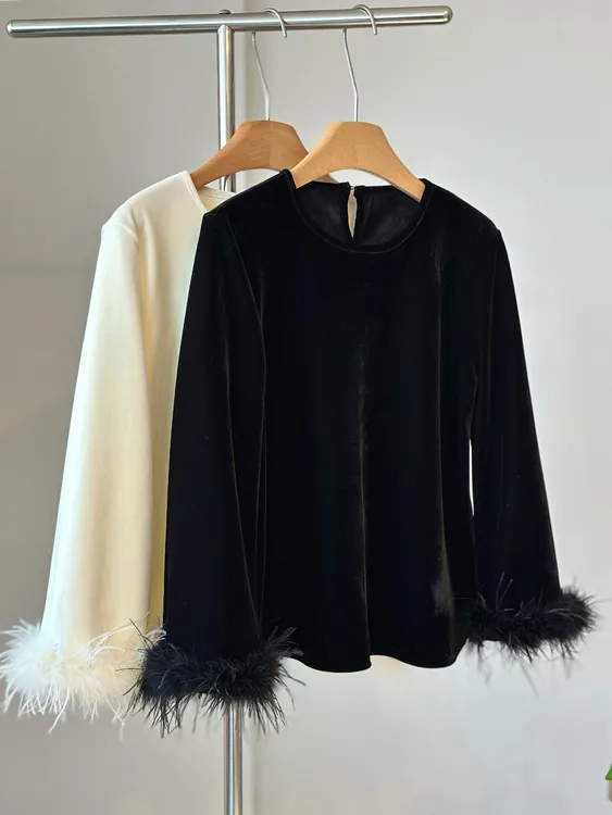 高级感高档丝绒上衣加绒加厚秋冬打底衫新中式国风长袖内搭毛毛