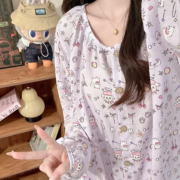 日系可爱香芋紫萌宠小羊睡衣少女春秋泡泡棉学生高级感家居服套装