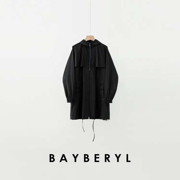 BAYBERYL老贝风行*黑色连帽宽松轻薄休闲风衣秋外套FY5C2001-6/25