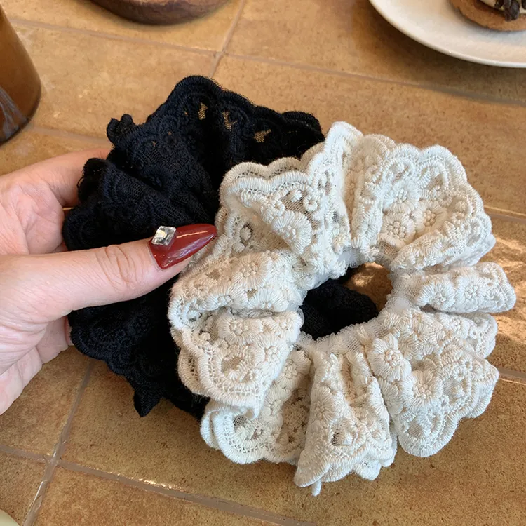 精致蕾丝刺绣花朵森系大肠发圈慵懒风 法式温柔丸子头大肠圈发饰