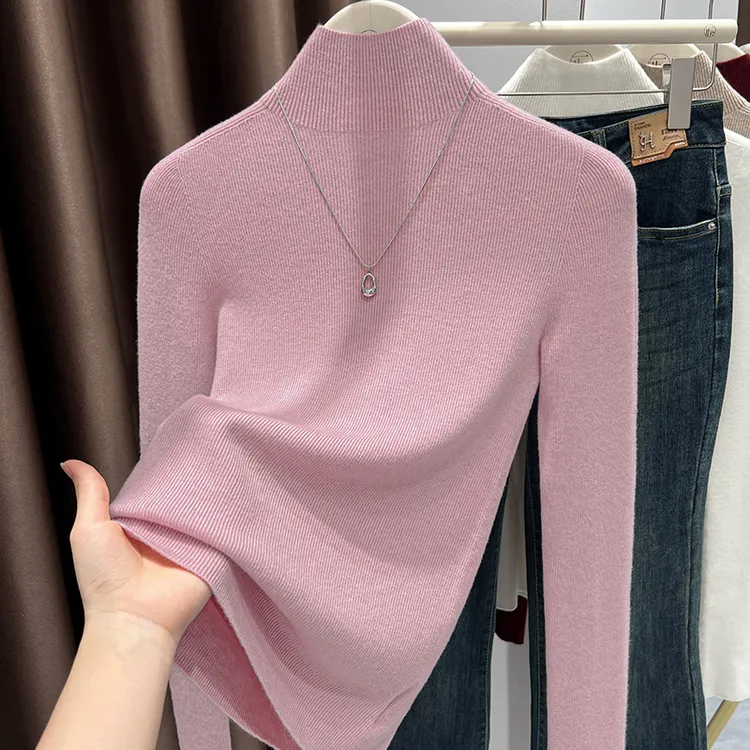 粉色小高领长袖毛针织衫秋冬亲肤内搭软糯韩版漂亮减龄打底上衣女