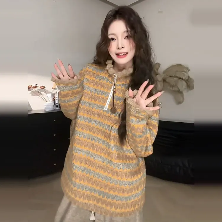 2026秋冬新款设计感条纹提花双色长袖卫衣女时尚百搭休闲气质上衣