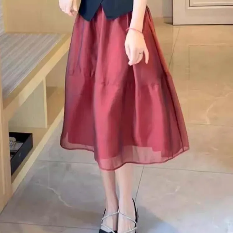 红色网纱半身裙女士夏季欧货松紧高腰字裙遮胯欧根纱大摆蓬蓬裙