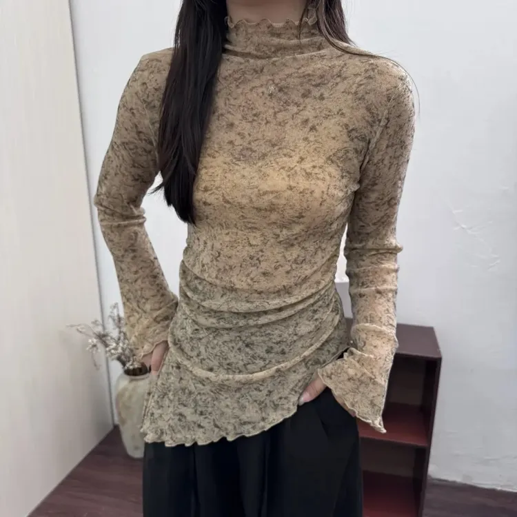 2025秋季时尚气质半高领碎花小衫晕染不规则下摆网纱长袖显瘦上衣