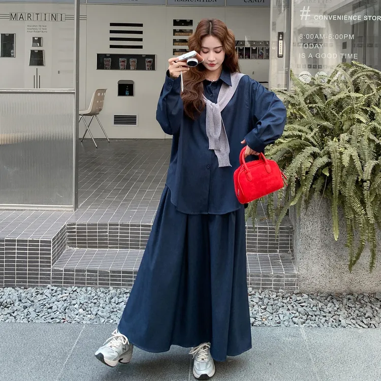 深蓝色休闲套装裙女2025秋季一整套ootd穿搭披肩衬衫半身裙三件套