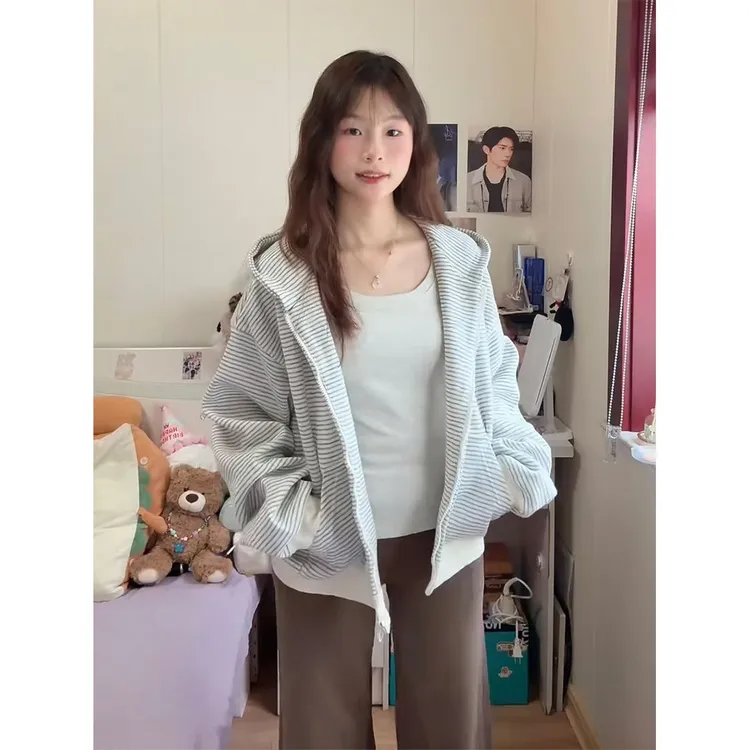 美式流光风条纹拉链秋冬外套设计感连帽加绒加厚卫衣女宽松显瘦潮