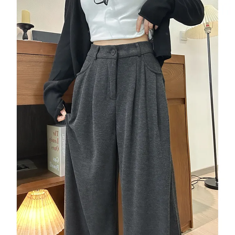 深灰色糯米裤女2025秋款爆款高腰松紧宽松显瘦垂感直筒阔腿休闲裤