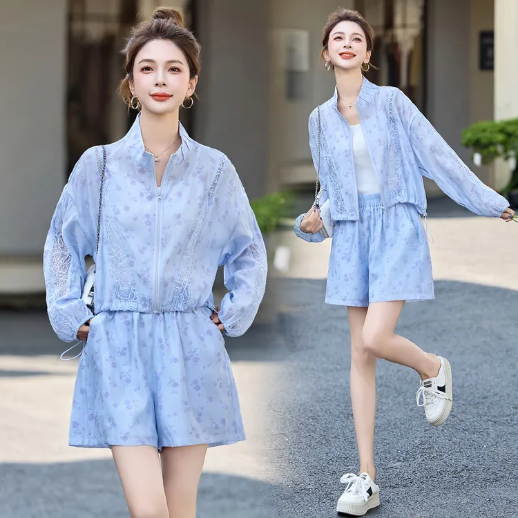 主推现货简约领型舒适百搭腰部收腰显瘦裤脚宽松休闲防晒两件套