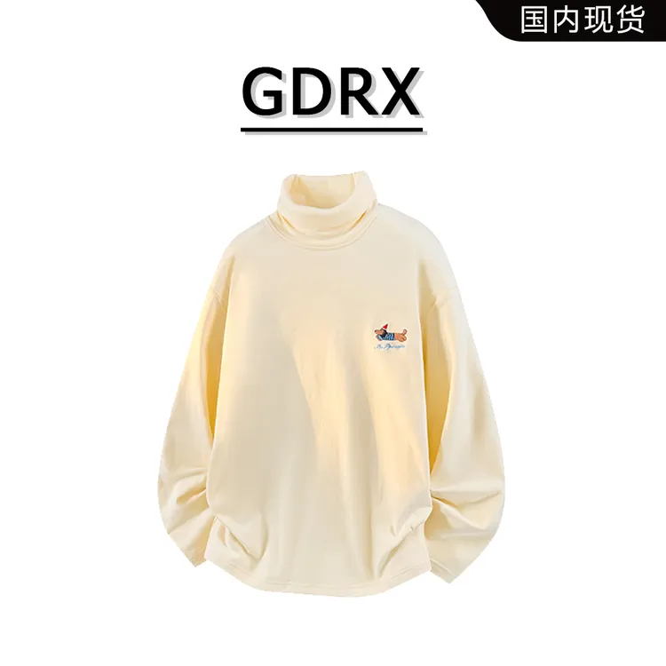 GDRX半高领刺绣设计长袖T恤男秋冬新款小狗轻奢百搭宽松潮流上衣