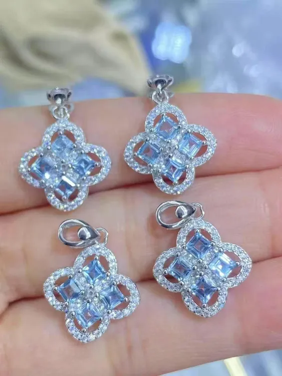 天然通透托帕红石榴橄榄石水晶四叶草吊坠少女S925银豪华精致轻奢