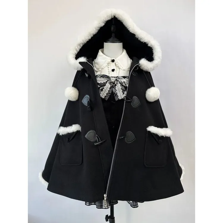 【虚拟冬季】地球人亚文化牛角扣连帽斗篷毛呢外套小个子2025年女