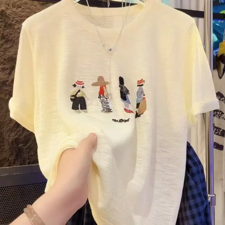 M171夏季新款竹节麻刺绣四个女孩针织短袖时尚百搭宽松透气显瘦