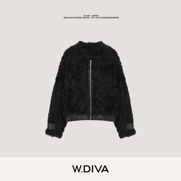 W.Diva【黑赫】黑色小湖羊皮草系列轻奢贵气皮毛一体外套4CDM102W0